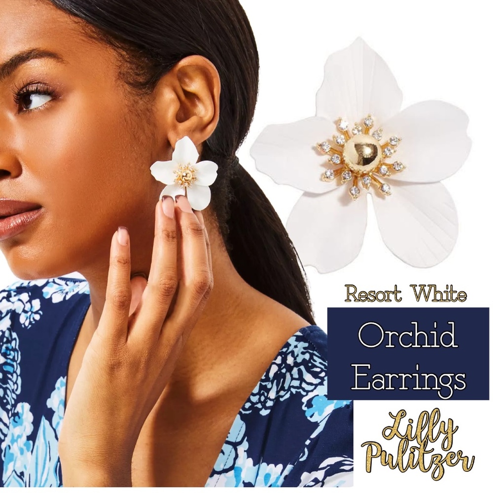 LILLY PULITZER EARRINGS ORCHID FLOWER🩷 Resort White/gold/Crystal⭐️Hot Style! - Picture 4 of 10